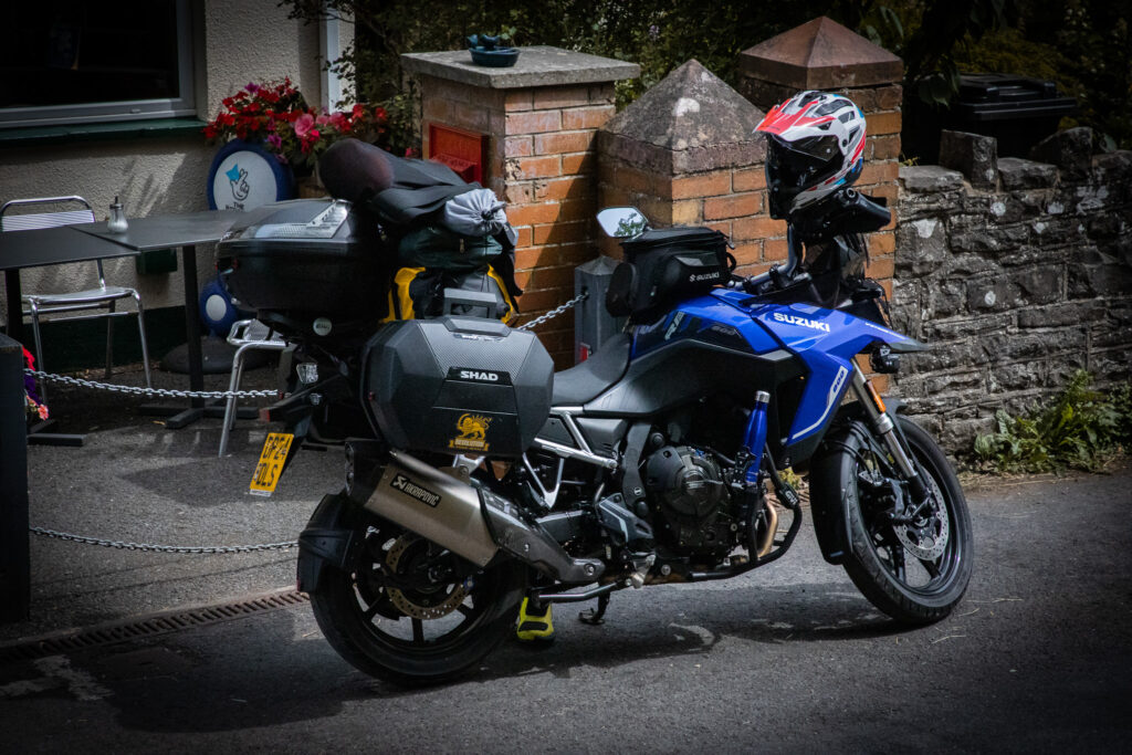 Suzuki V-Strom motorcycle in Bannau Brycheiniog National Park
